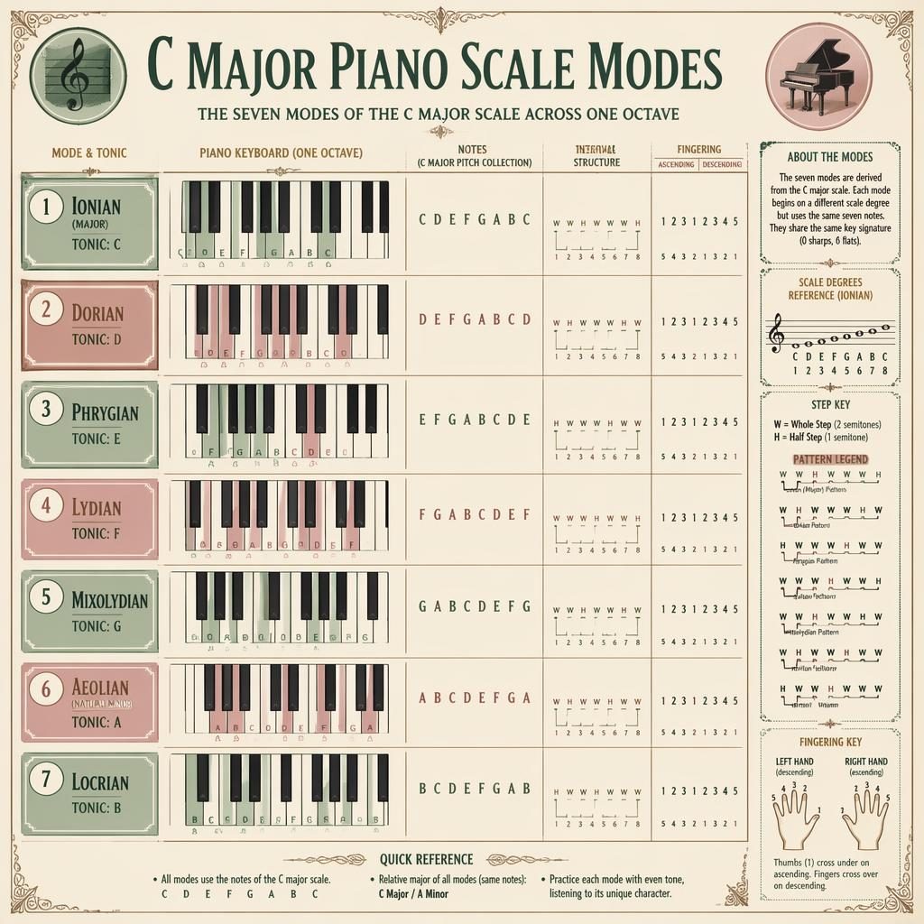 Vintage-style music theory infographic with seven piano keyboard panels showing C major modes, intervals, scale degrees, and fingerings.