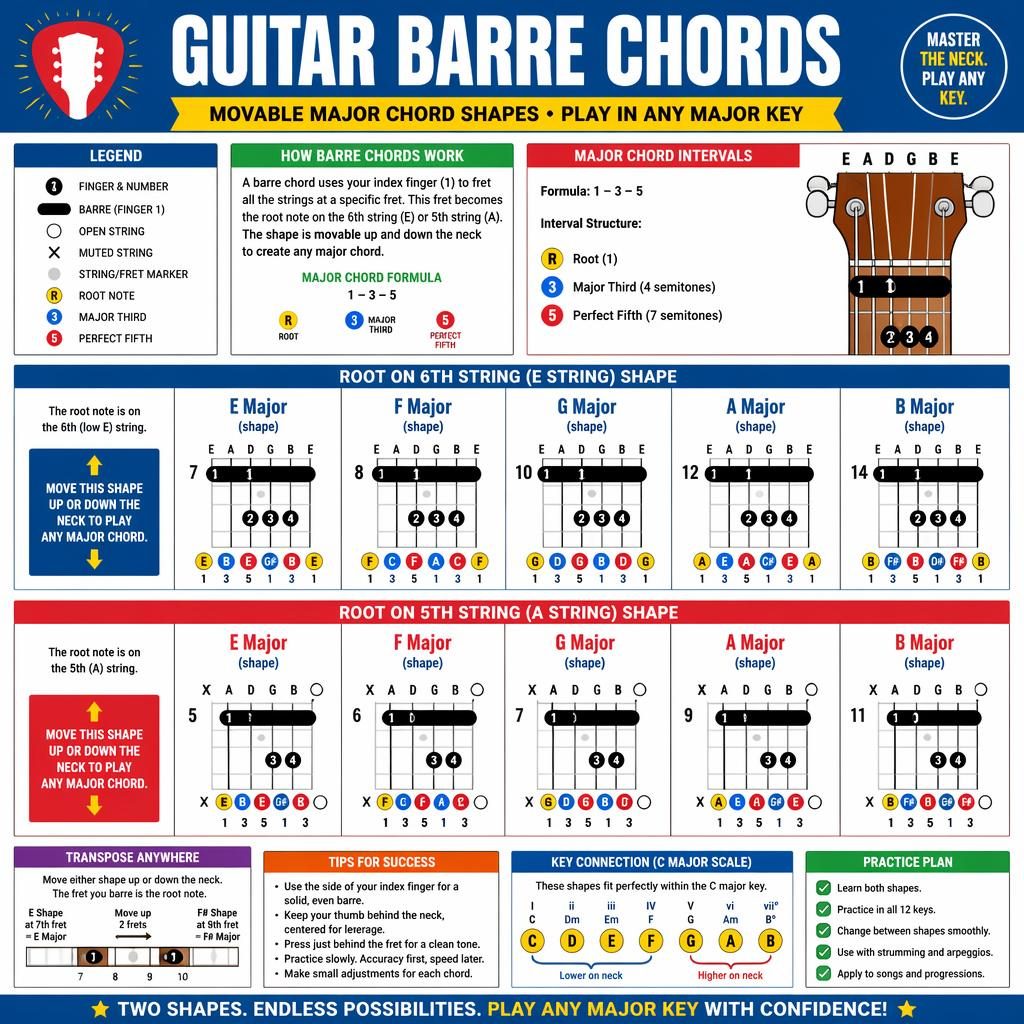 Music theory infographic with guitar barre chord charts, showing 6th and 5th string major shapes, fingerings, notes, and intervals.