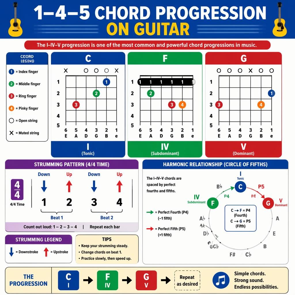 Music theory poster with C, F, G guitar chord charts, I IV V labels, 4/4 strumming guide, and circle of 5thd visual