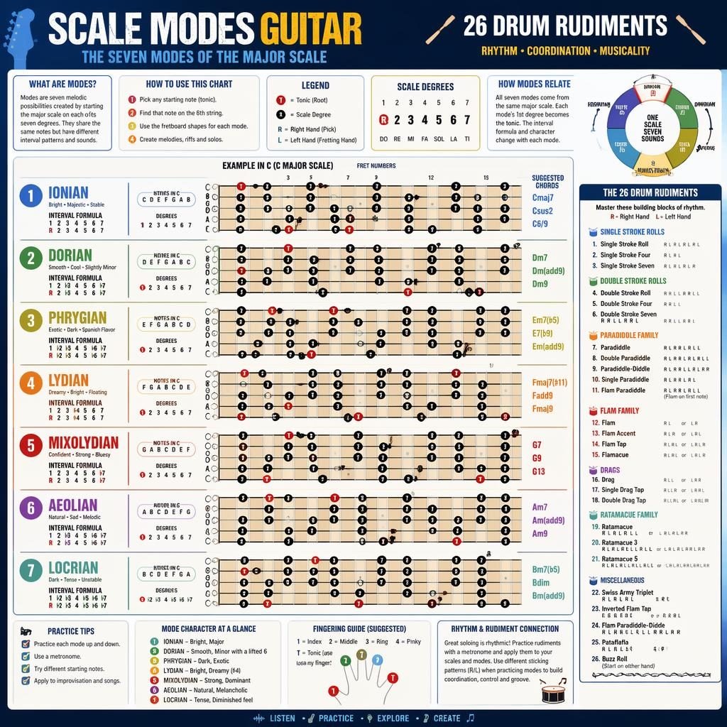 Educational guitar infographic with seven mode panels, fretboard diagrams, intervals, note markers, and drum rudiment callouts.