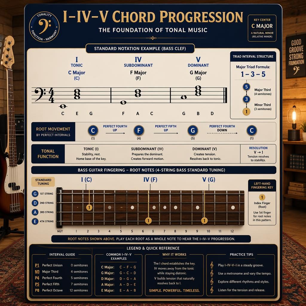 Music theory infographic of I–IV–V chord progression with bass clef notation, bass guitar fretboard, and finger markers.