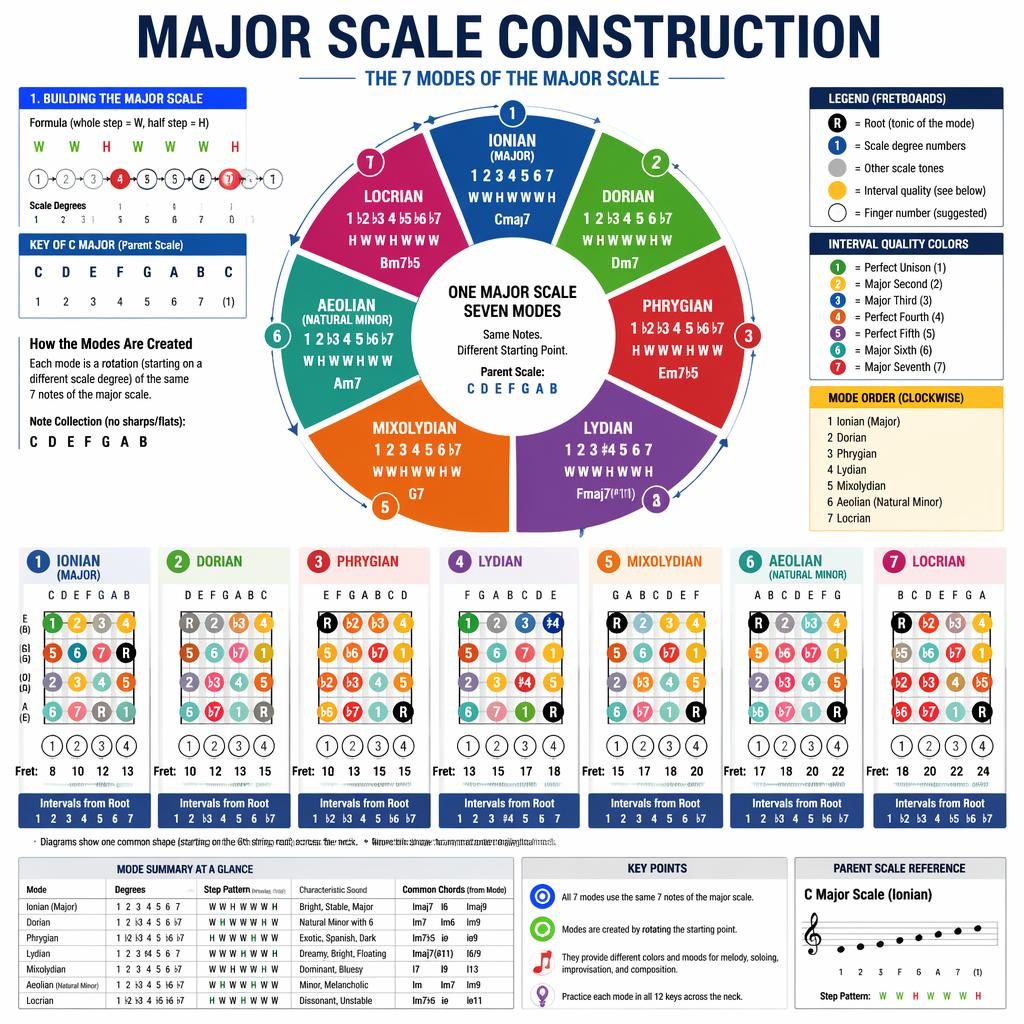 Music theory infographic with a circle of scales, 7 major scale modes, and color-coded guitar fretboard diagrams.