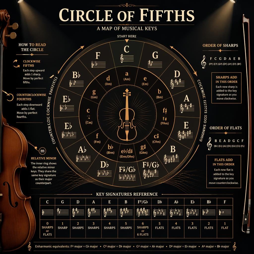 Dark mode circle of fifths infographic with violin accents, major and relative minor keys, sharps and flats labels.