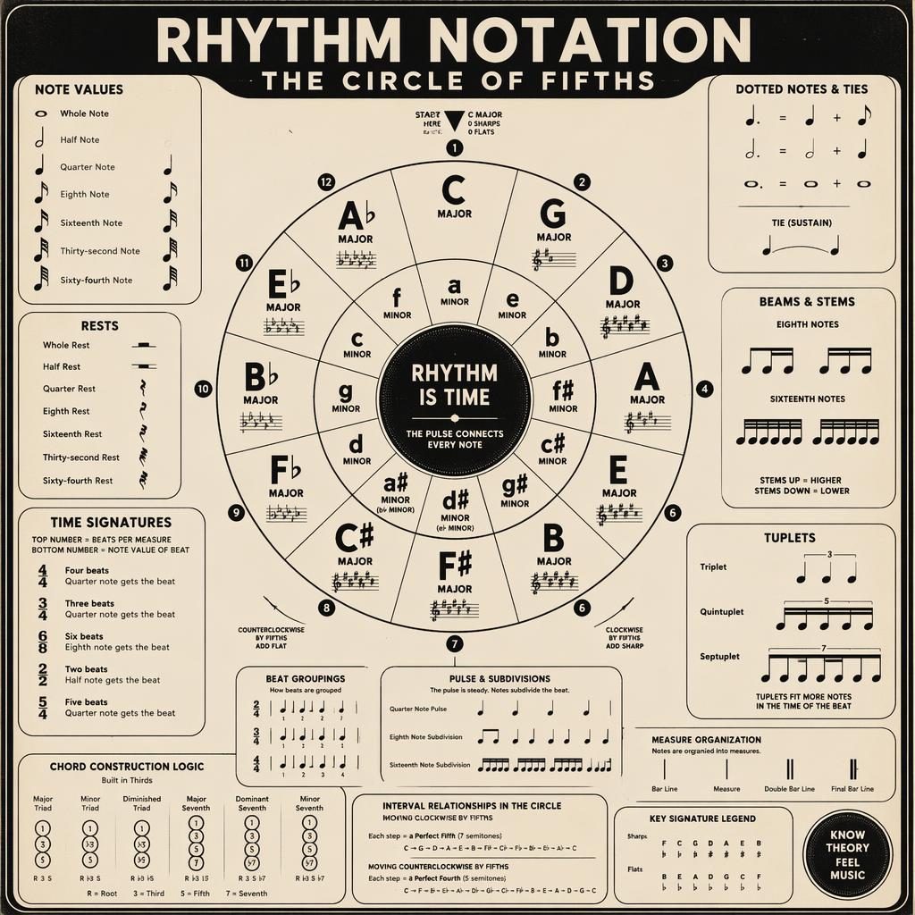 Monochrome retro poster showing a circle of fifths with rhythm notation callouts, rests, tuplets, time signatures, and chord shape insets.