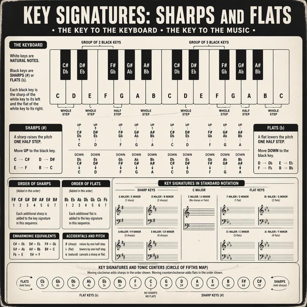 Retro monochrome music theory poster with piano keyboard diagram, sharps, flats, key signature arrows, and staff examples.