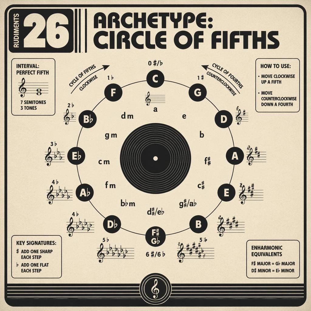 Music theory infographic about: drum rudiments 26. Archetype: circle of fifths. Instrument: general theory. Style: retro