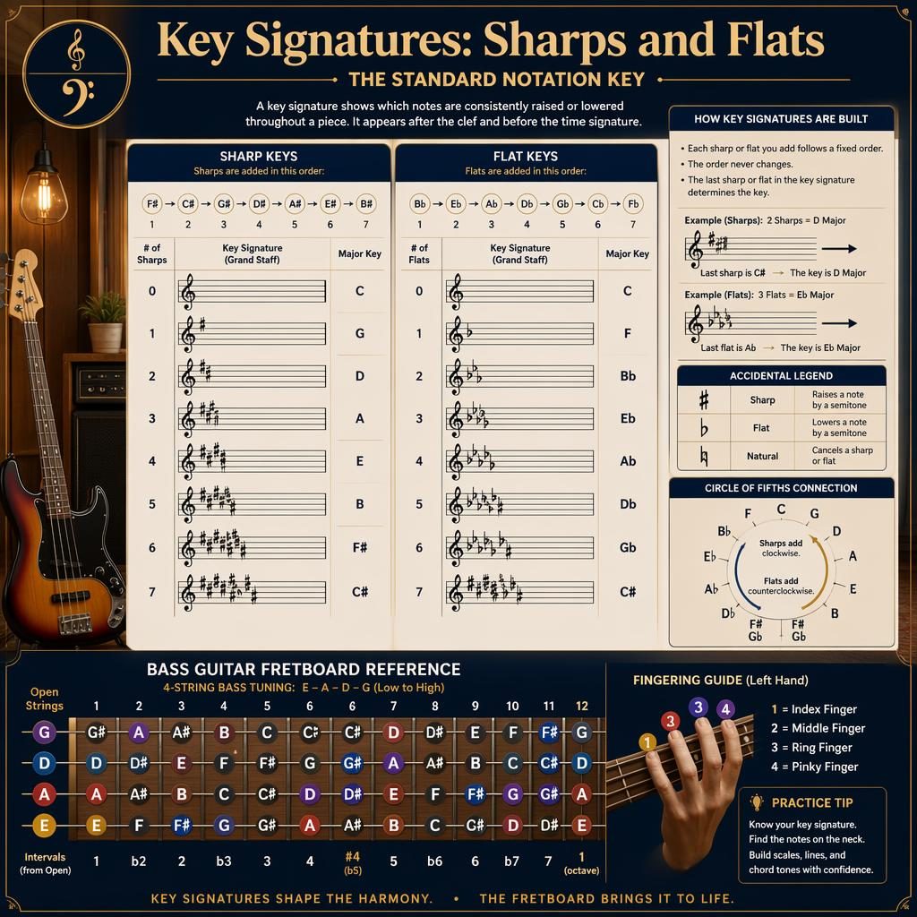 Music theory infographic showing grand staff key signatures, sharps vs flats chart, legend, and a small bass guitar fretboard panel.