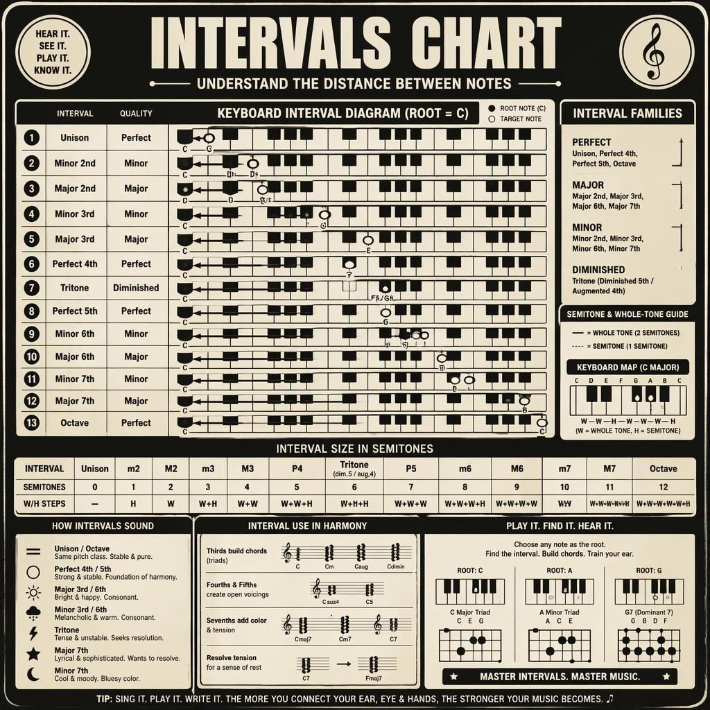 Retro music theory infographic with piano interval chart, semitone guide, legend, and small basic guitar chord diagram icons