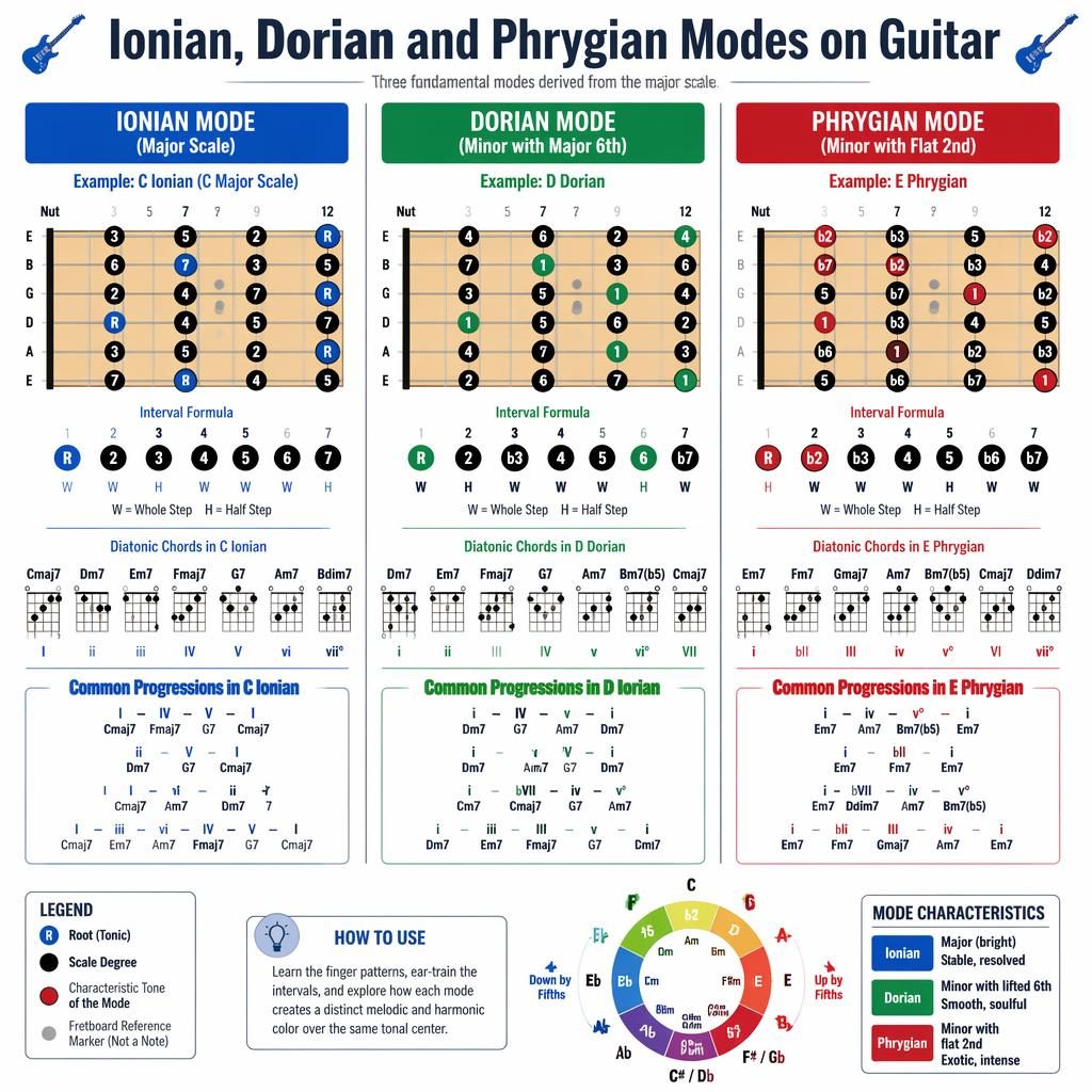 Vector guitar theory infographic with Ionian, Dorian, and Phrygian mode fretboards, chord charts, intervals, and circle of five motif.