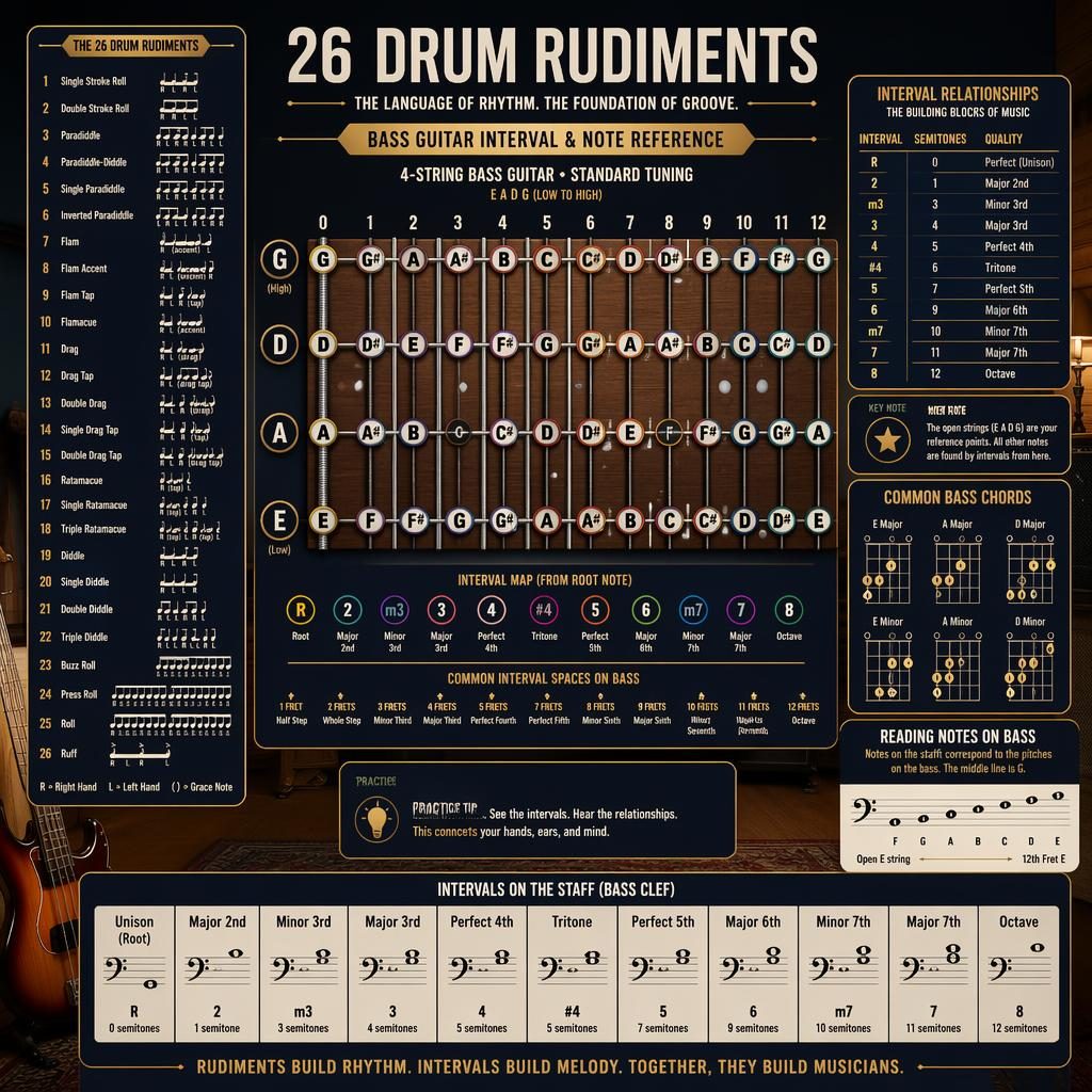 Music theory infographic poster with 4-string bass fretboard, staff notation, interval overlays, and 26 drum rudiments sections.
