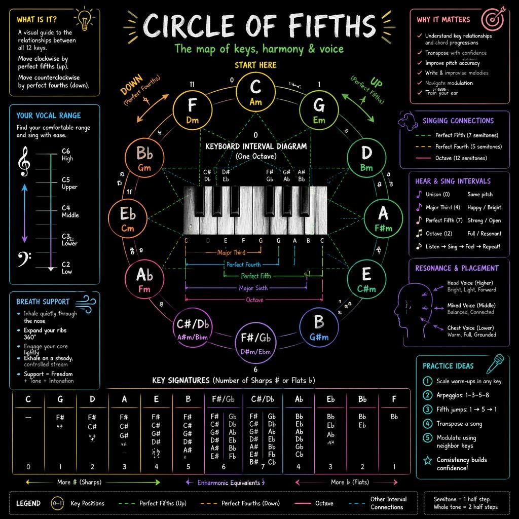 Dark mode music theory infographic with keyboard interval diagram, 12-note circle of fifths, vocal training icons, and neon chalk annotations.