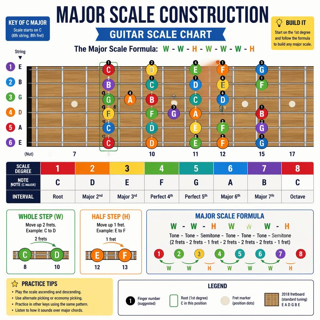 Modern music theory infographic with a 6-string guitar fretboard showing major scale construction, intervals, and fingering.