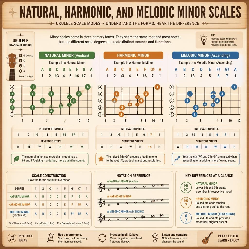 Modern ukulele infographic showing natural, harmonic, and melodic minor scales with fretboard diagram, intervals, notes.