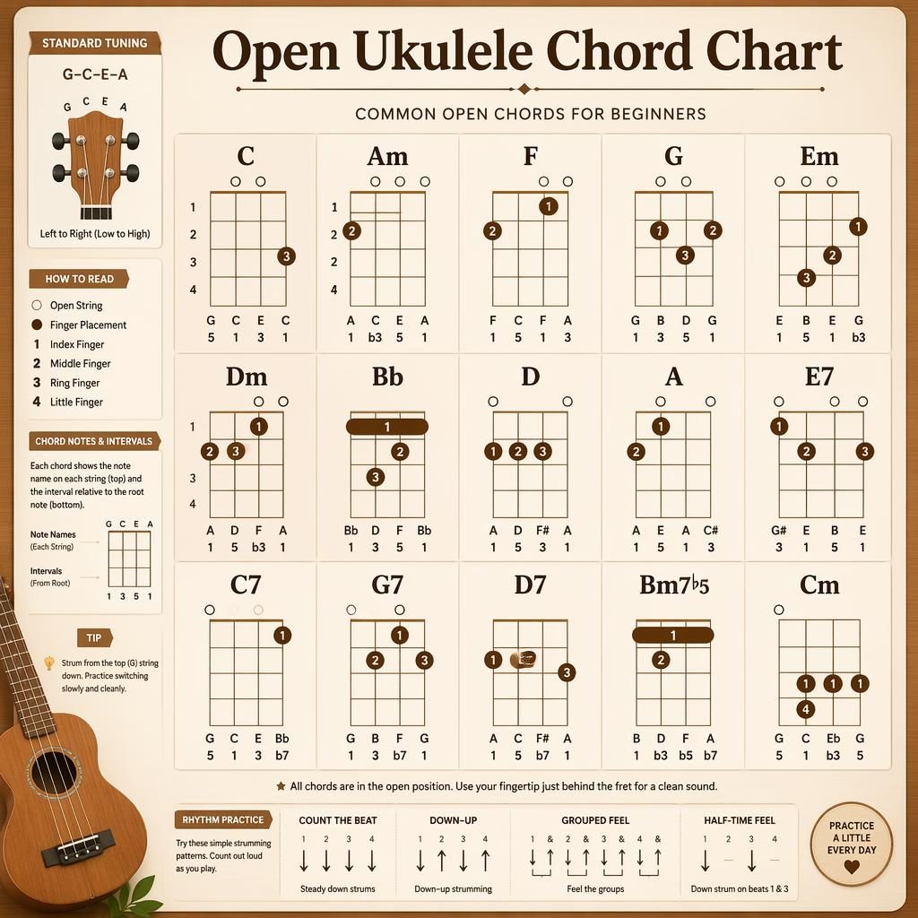 Minimal infographic poster with a grid of open ukulele chord diagrams, finger numbers, note names, intervals, and beat icons.