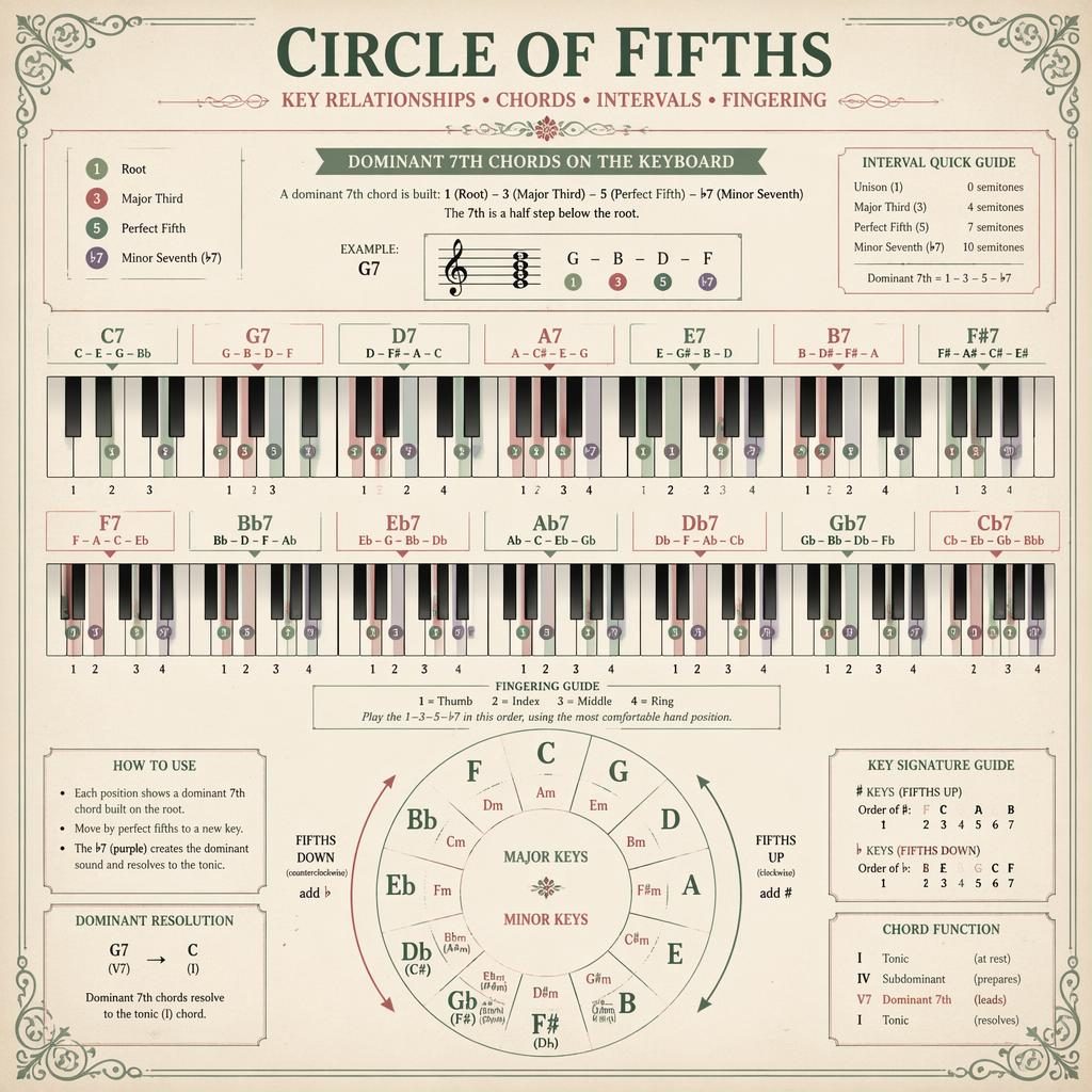 Vintage-style piano infographic with keyboard diagram, fingering markers, interval highlights, and a Circle of Fifths ring