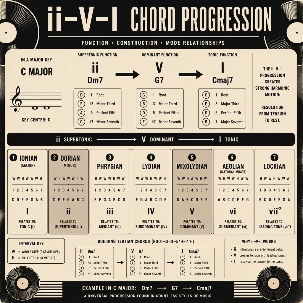 Retro monochrome ii–V–I music theory infographic with mode panels, chord flow arrows, and C major example Dm7–G7–Cmaj7.