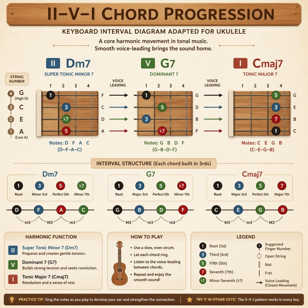 Music theory infographic with a ukulele fretboard diagram showing Dm7, G7, and Cmaj7 shapes, intervals, and voice-leading.