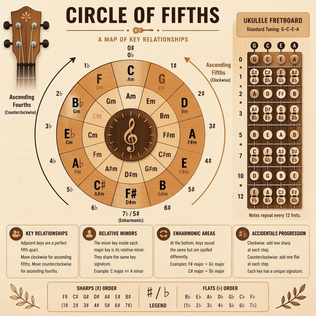Minimal music theory infographic showing a circle of fifths diagram and small ukulele fretboard reference on wood grain.