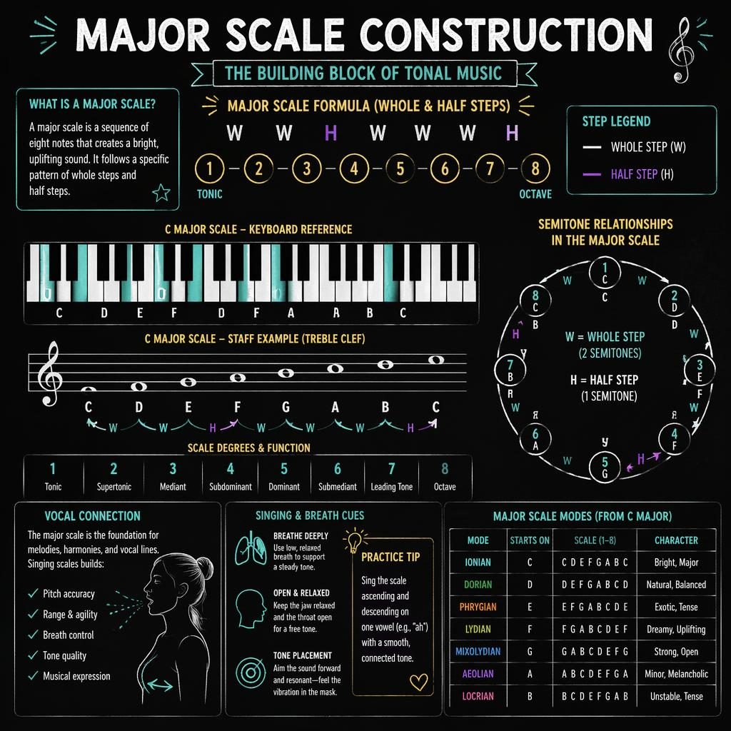 Infografía oscura tipo pizarra sobre escala mayor con grados 1–8, patrón W–W–H–W–W–W–H, teclado y pentagrama.