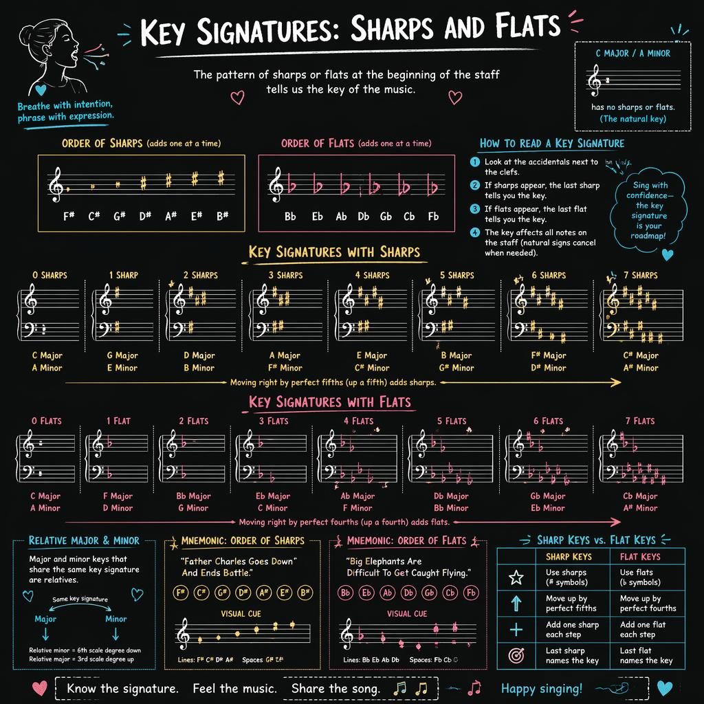 Dark sketchnote music theory infographic showing grand staff key signatures with sharps, flats, callouts, and singing cues.