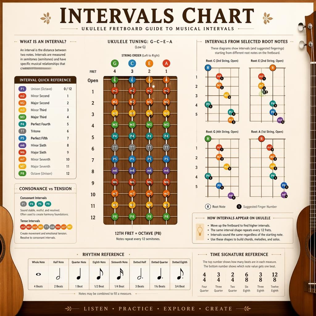 Ukulele intervals chart infographic with 4-string fretboard, interval labels, finger dots, and rhythm reference panel.