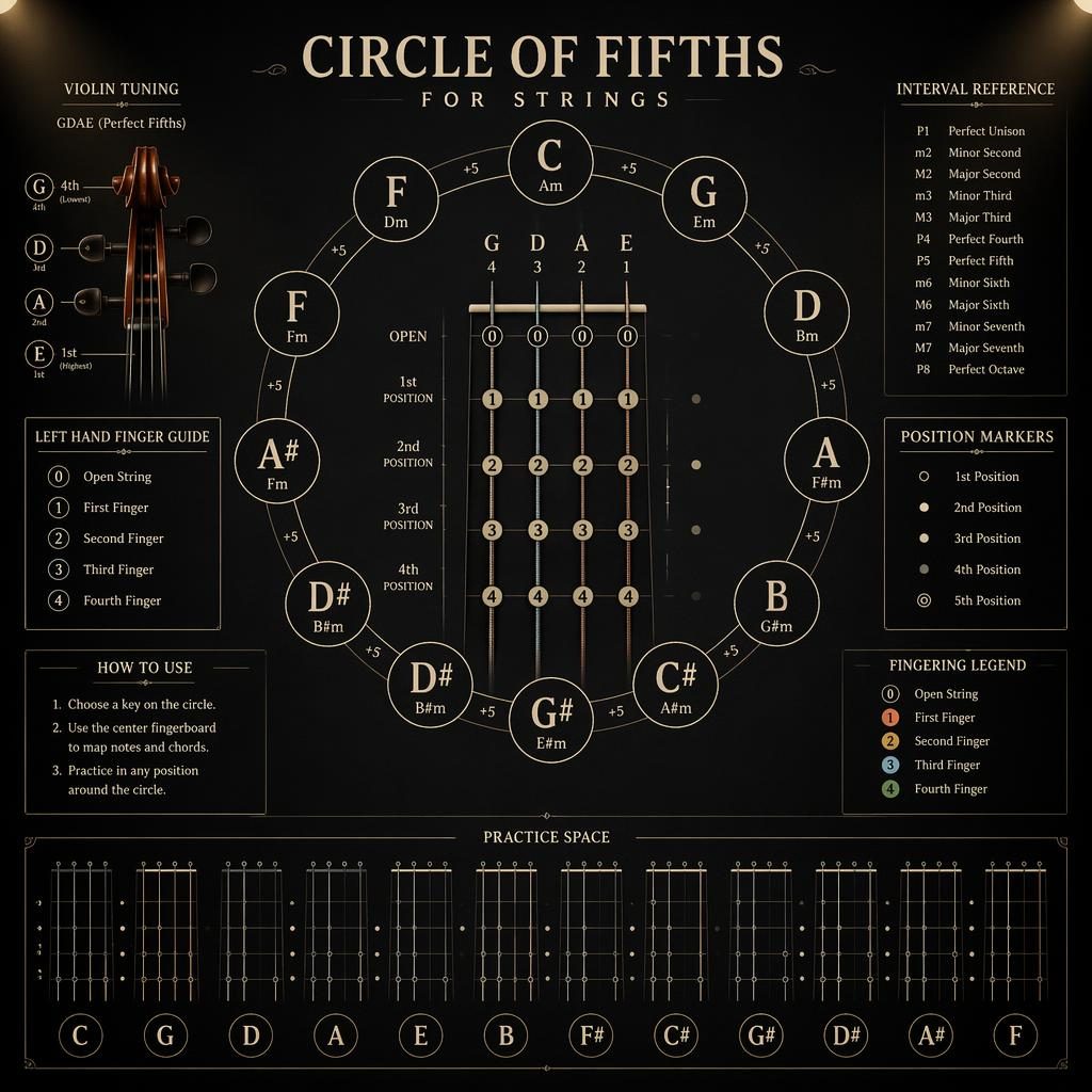 Dark mode music theory infographic with violin-style 4-string fingerboard grid and integrated circle of fifths diagram.
