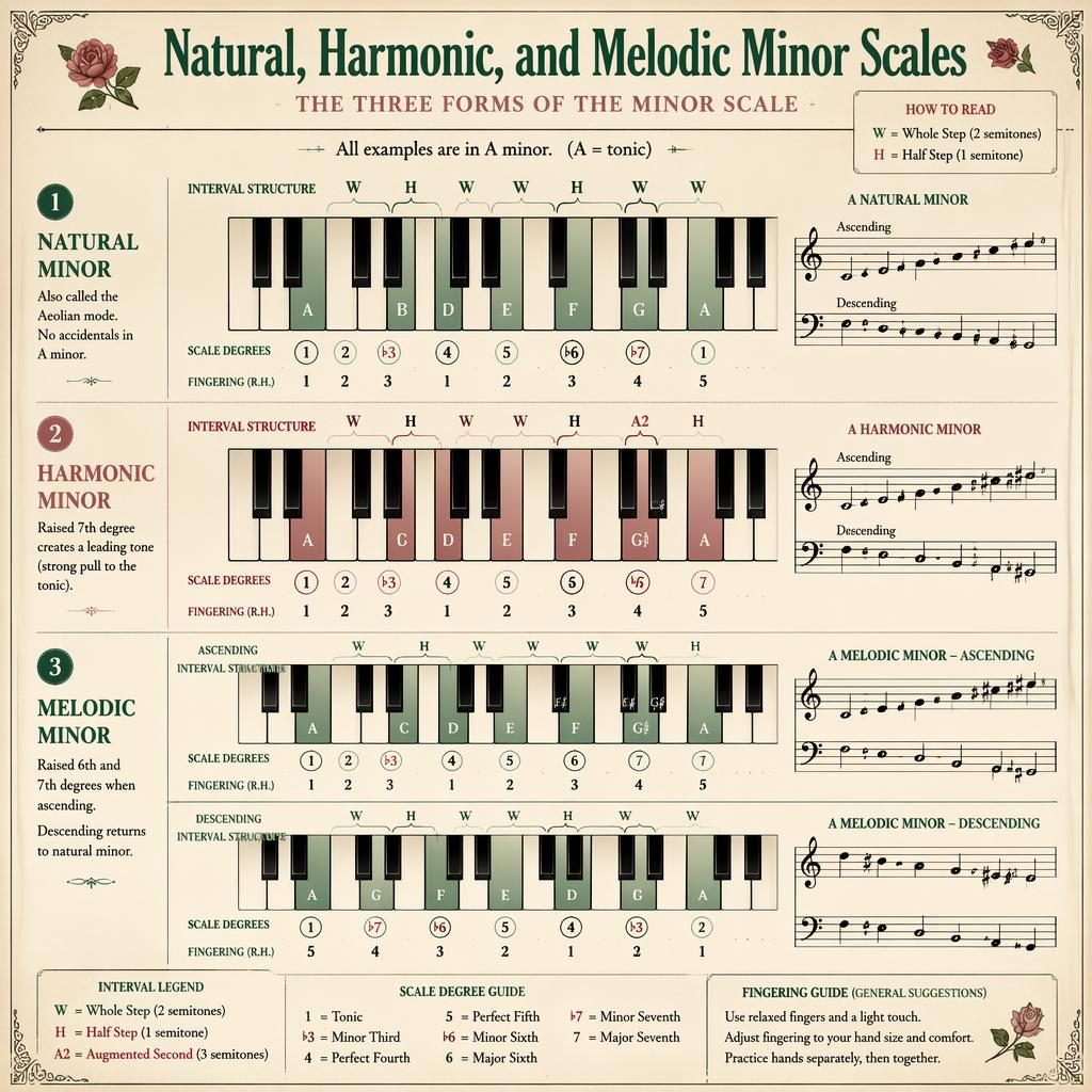 Musiktheorie-Infografik mit Klaviatur über zwei Oktaven zu natürlicher, harmonischer und melodischer Molltonleiter.