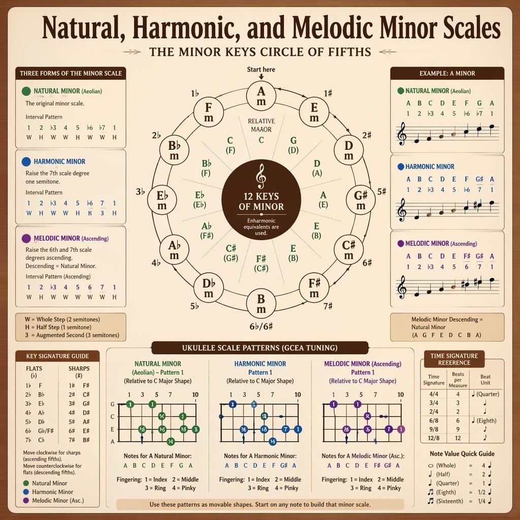 Minimal music theory circle infographic showing minor scales, interval labels, and ukulele fretboard insets on wood tones.