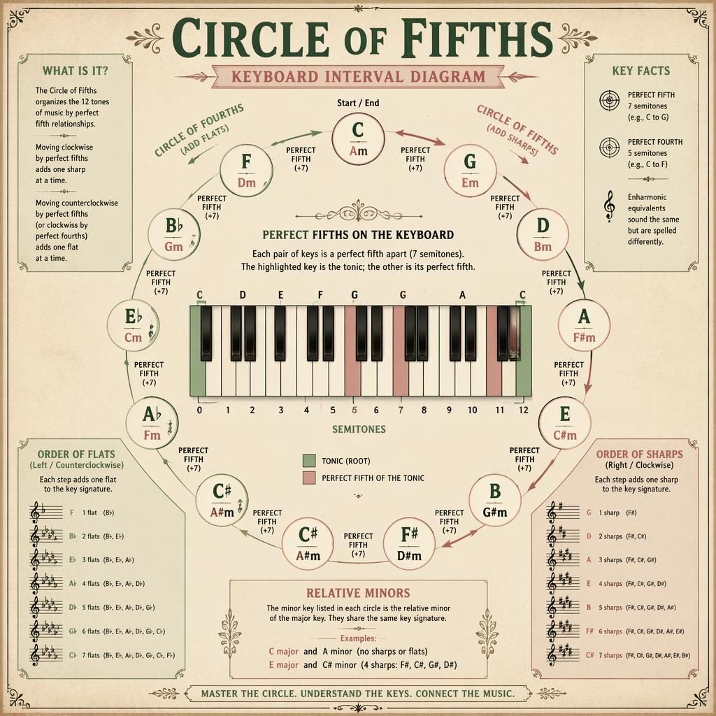 Vintage-style music theory infographic with central piano keyboard, circle of fifths layout, interval arrows, and key labels.