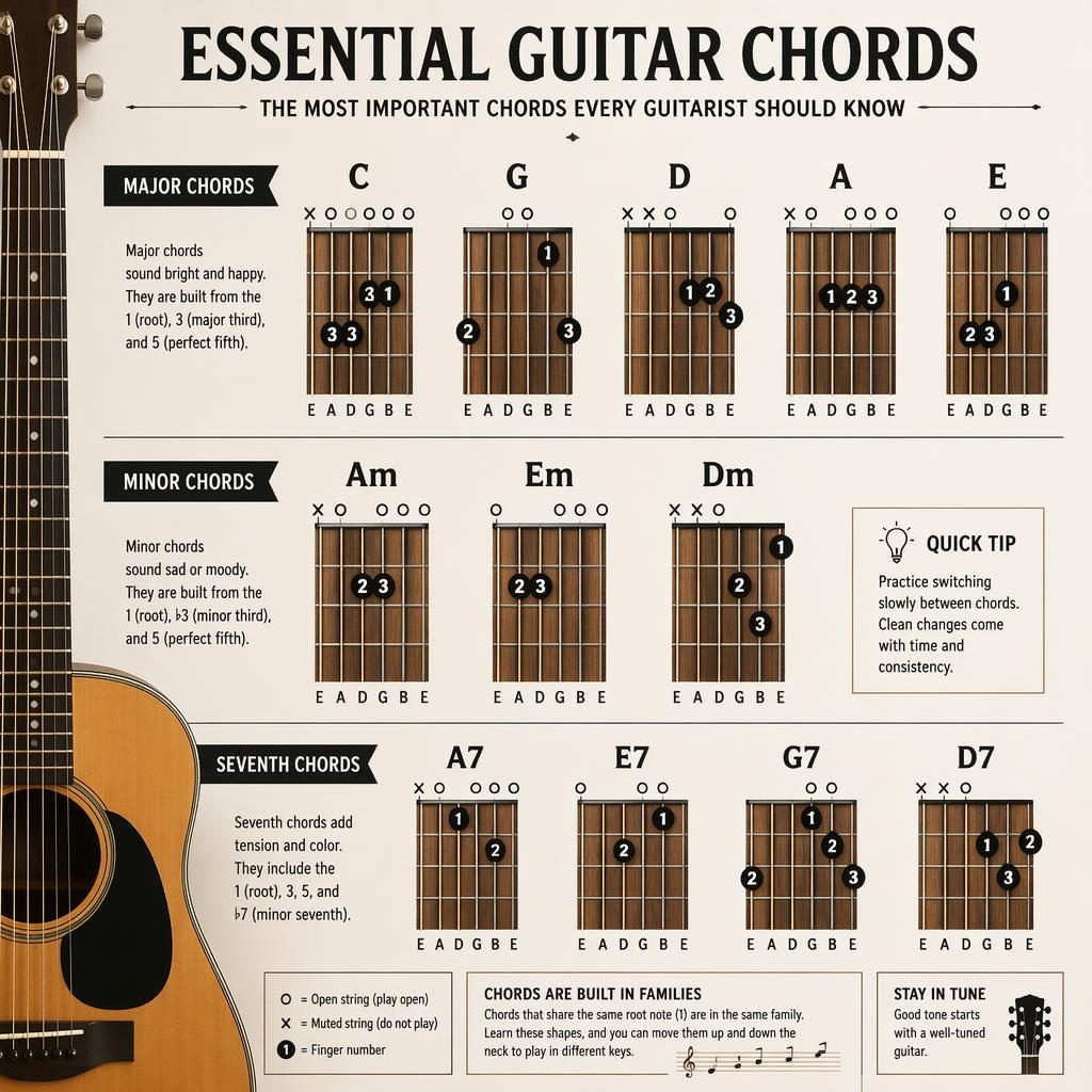 Educatieve poster met guitar chords in raster, akoordschema's voor C, G, D, A, E, Am, Em, Dm, A7, E7 en G7.
