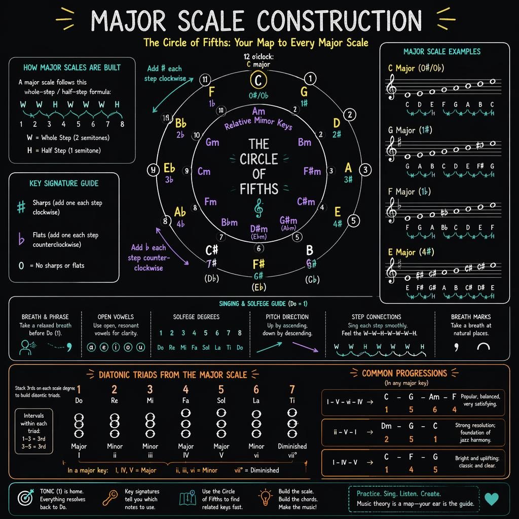 Dark sketchnote music theory poster with a precise circle of 5ths, major and relative minor keys, scale formulas, and triads.