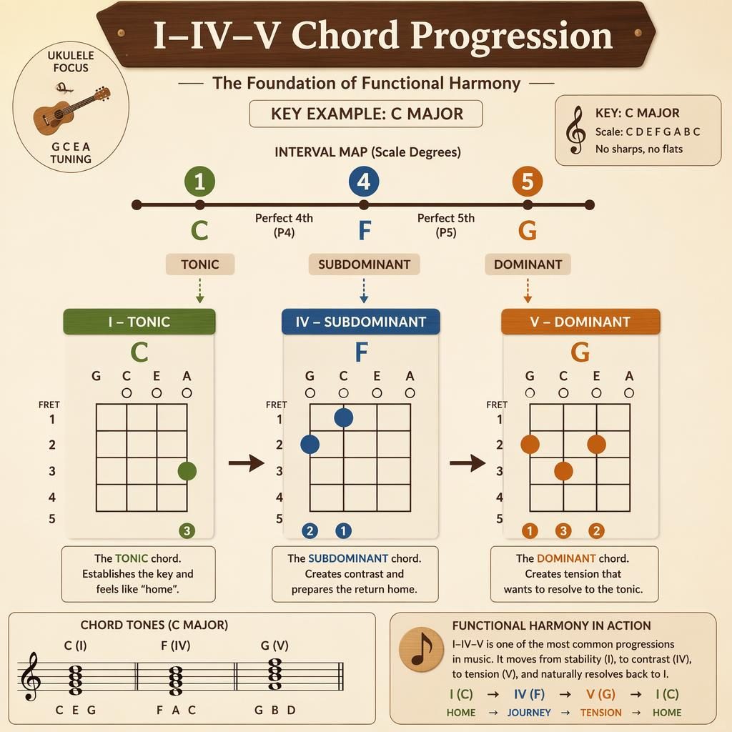 Moderne Musiktheorie-Infografik mit I–IV–V-Intervallschema und Ukulele-Akkorddiagrammen für C, F und G auf beige Holzoptik.