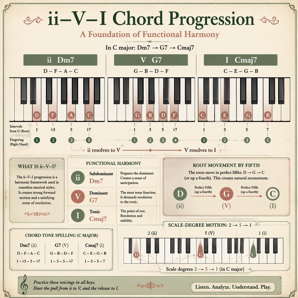 Vintage-style music theory infographic with piano keyboard showing Dm7, G7, and Cmaj7 chord tones and interval arrows.