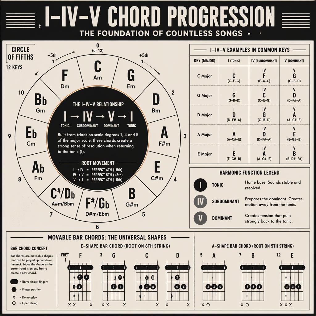 Retro monochrome music theory poster showing I–IV–V circle of fifths, key examples, and small all bar chord diagrams.