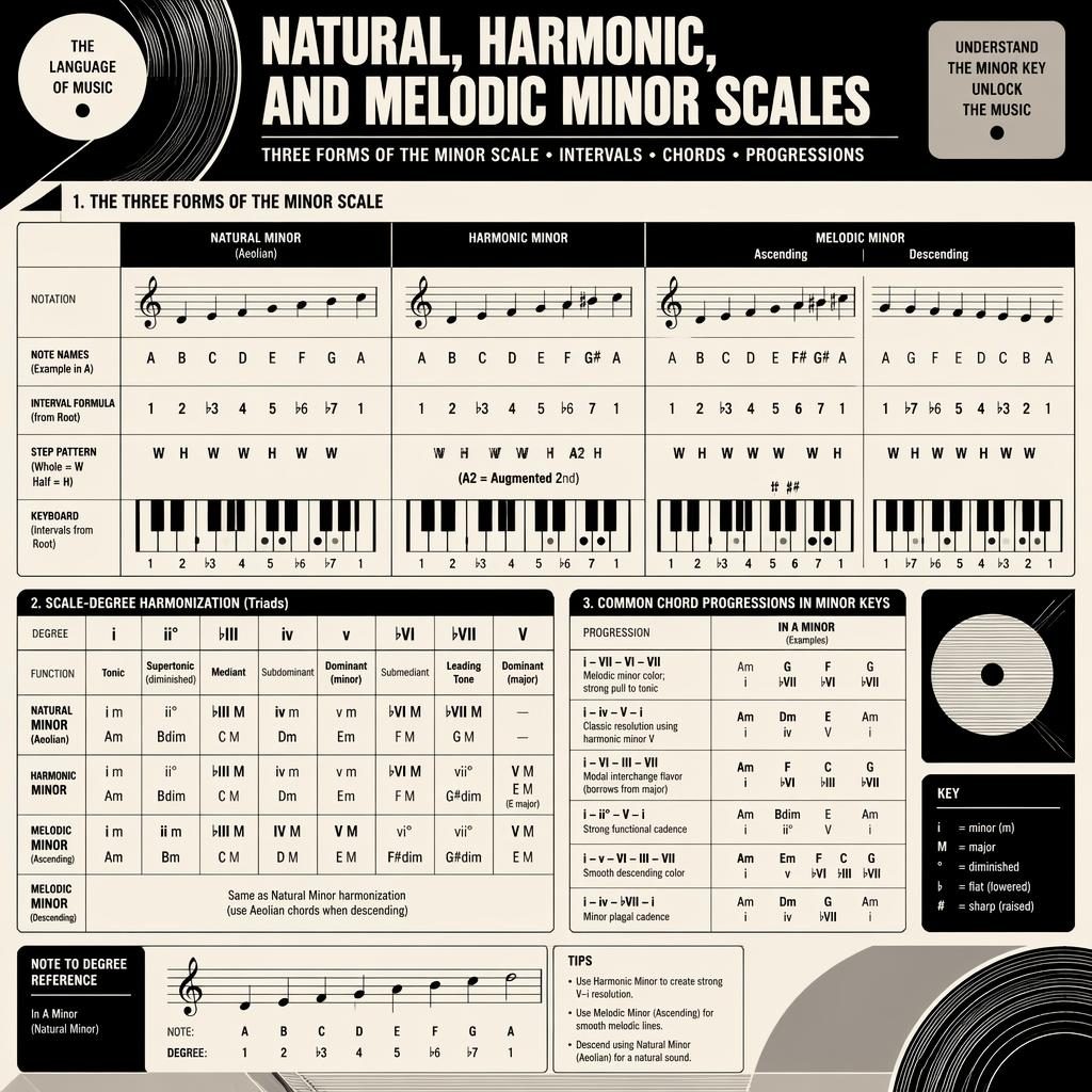 Retro monochrome music theory poster comparing natural, harmonic, and melodic minor scales with staff notation and chord progressions.