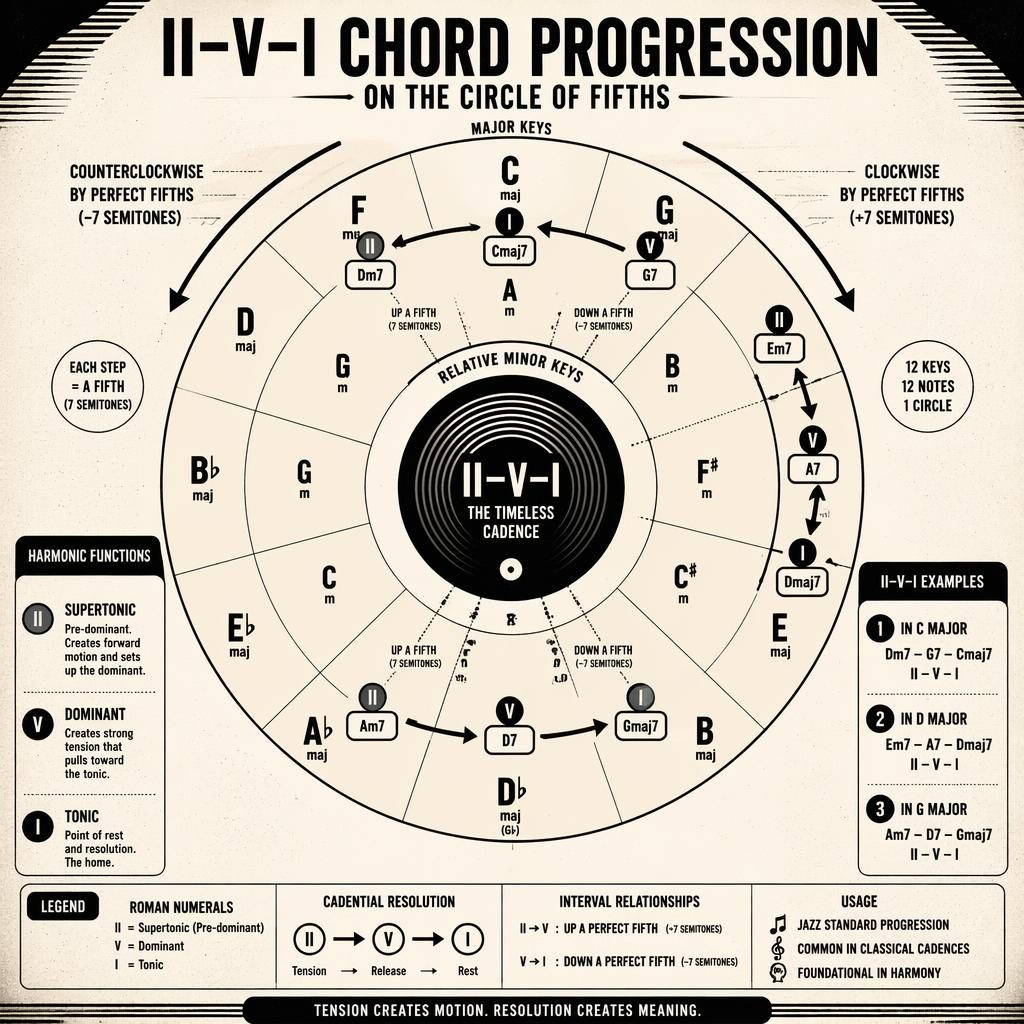 Monochrome retro music theory infographic showing a circle of fifths with highlighted II–V–I chord pathways and labels.