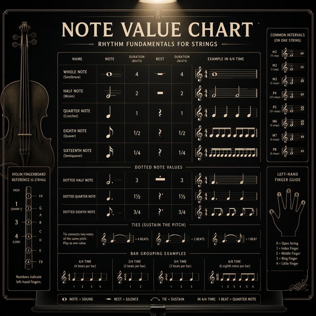 Dark mode music theory poster showing a treble clef staff with note values, rests, dots, beams, and violin accents.