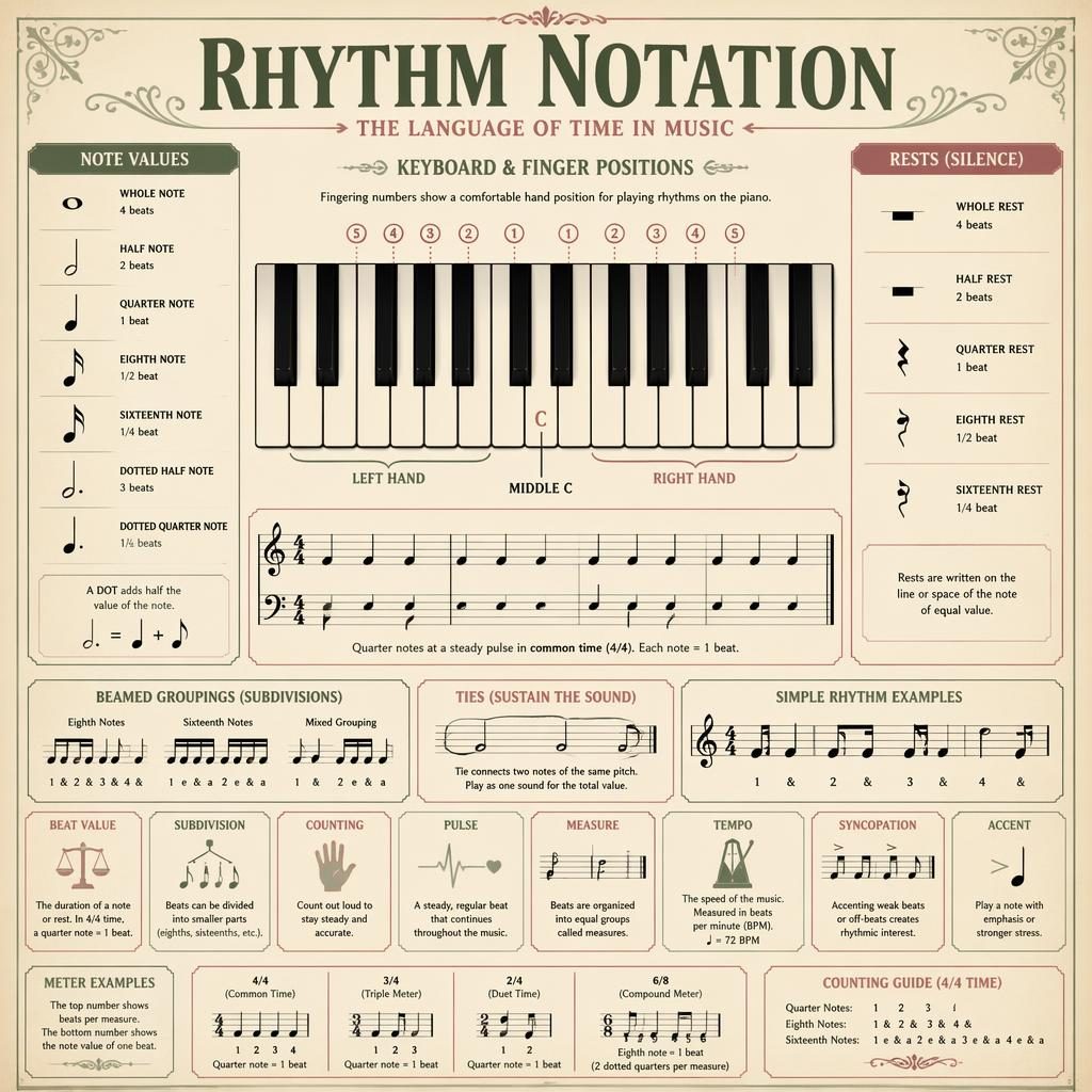 Vintage-Infografik mit Klaviatur, Fingersätzen und Rhythmusnotation mit Notenwerten, Pausen, Taktbeispielen und Notensystem.