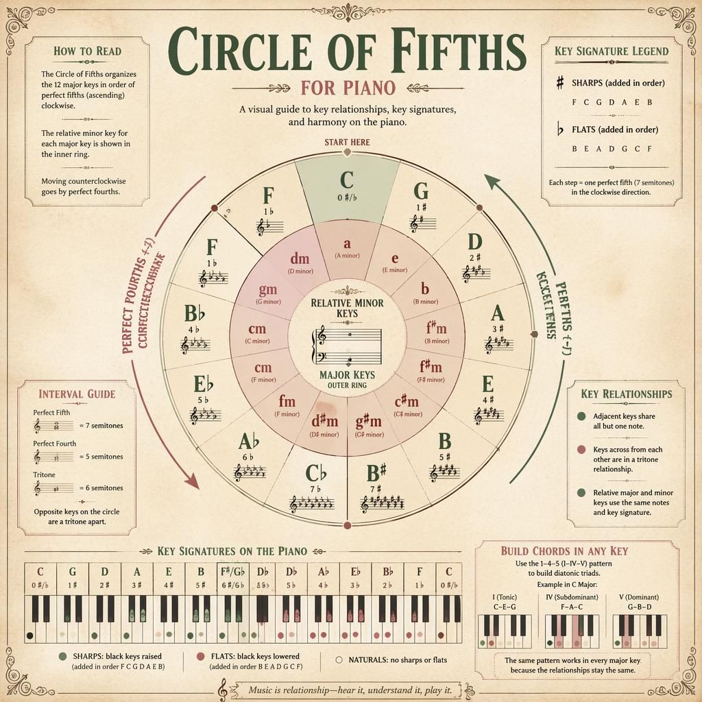 Vintage-style piano circle of fifths infographic with 12-key diagram, relative minors, key signatures, and small keyboard