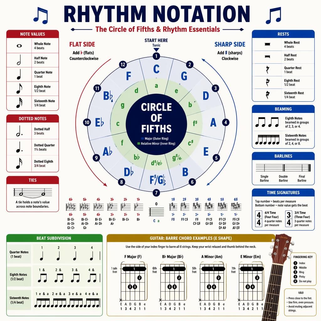 Music theory infographic showing a circle of fifths ring, rhythm notation examples, and an acoustic guitar fretboard.