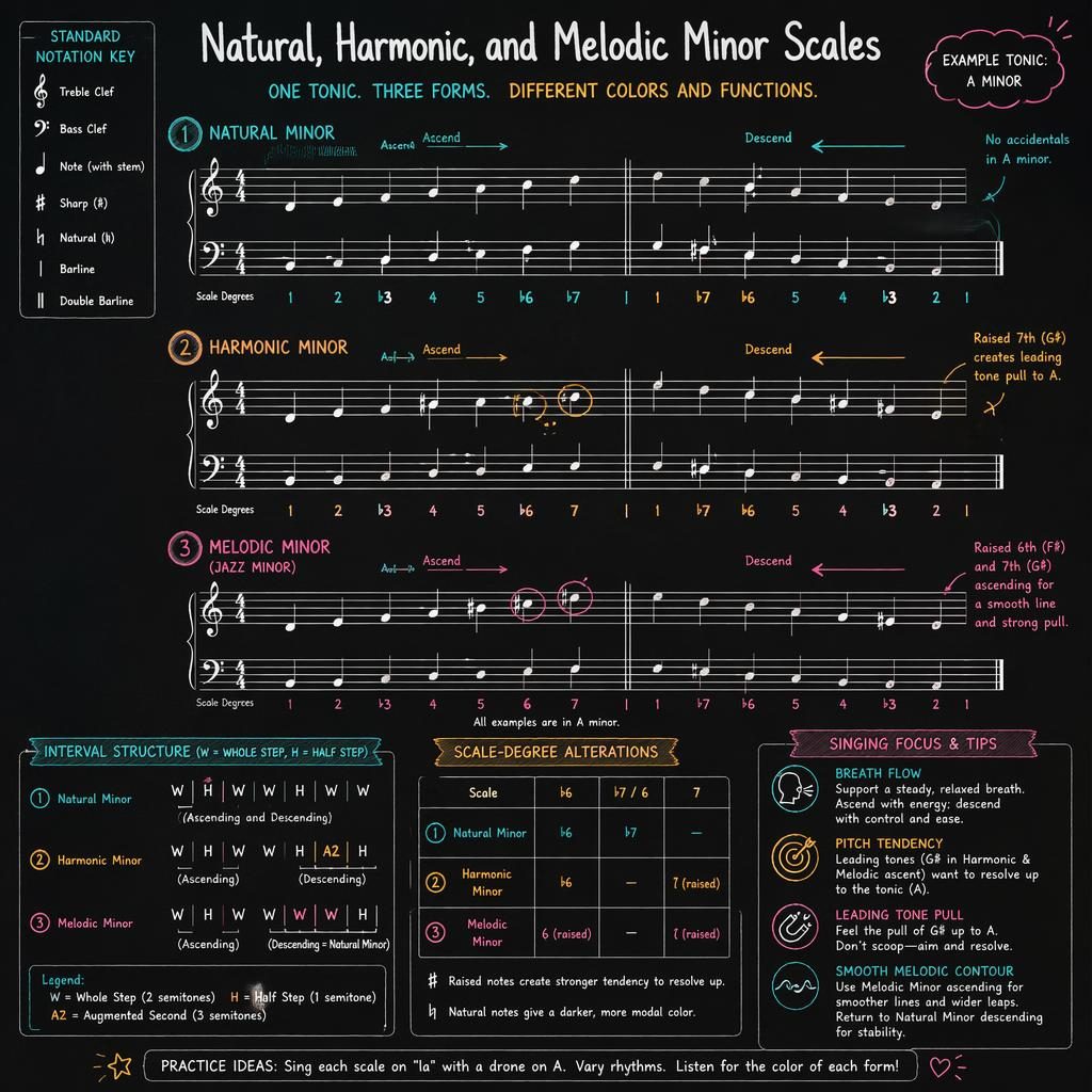 Dark sketchnote music theory infographic with staves comparing natural, harmonic, and melodic minor scales.