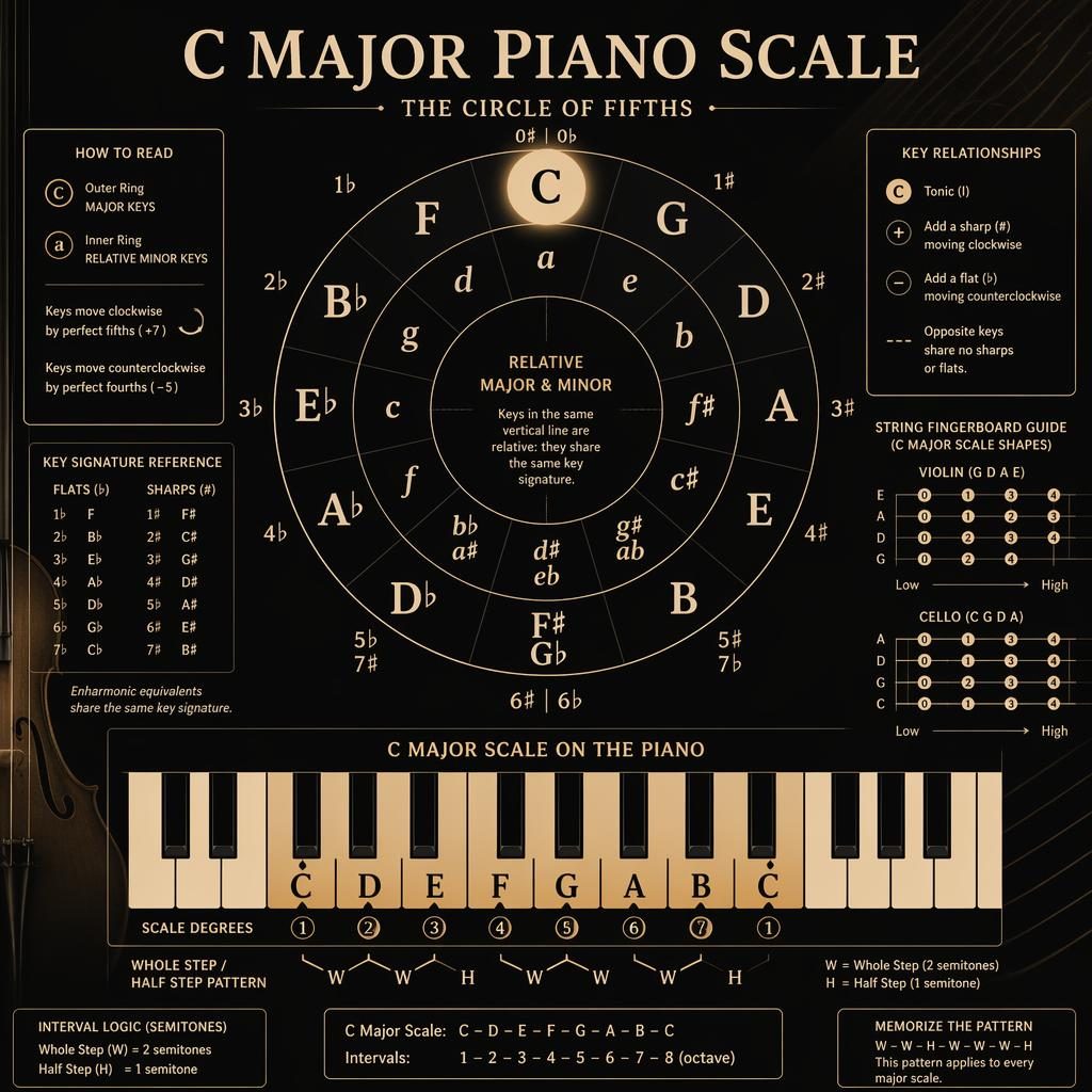 Dark vintage music theory poster showing a 12-position circle of keys and C major piano scale keyboard diagram.