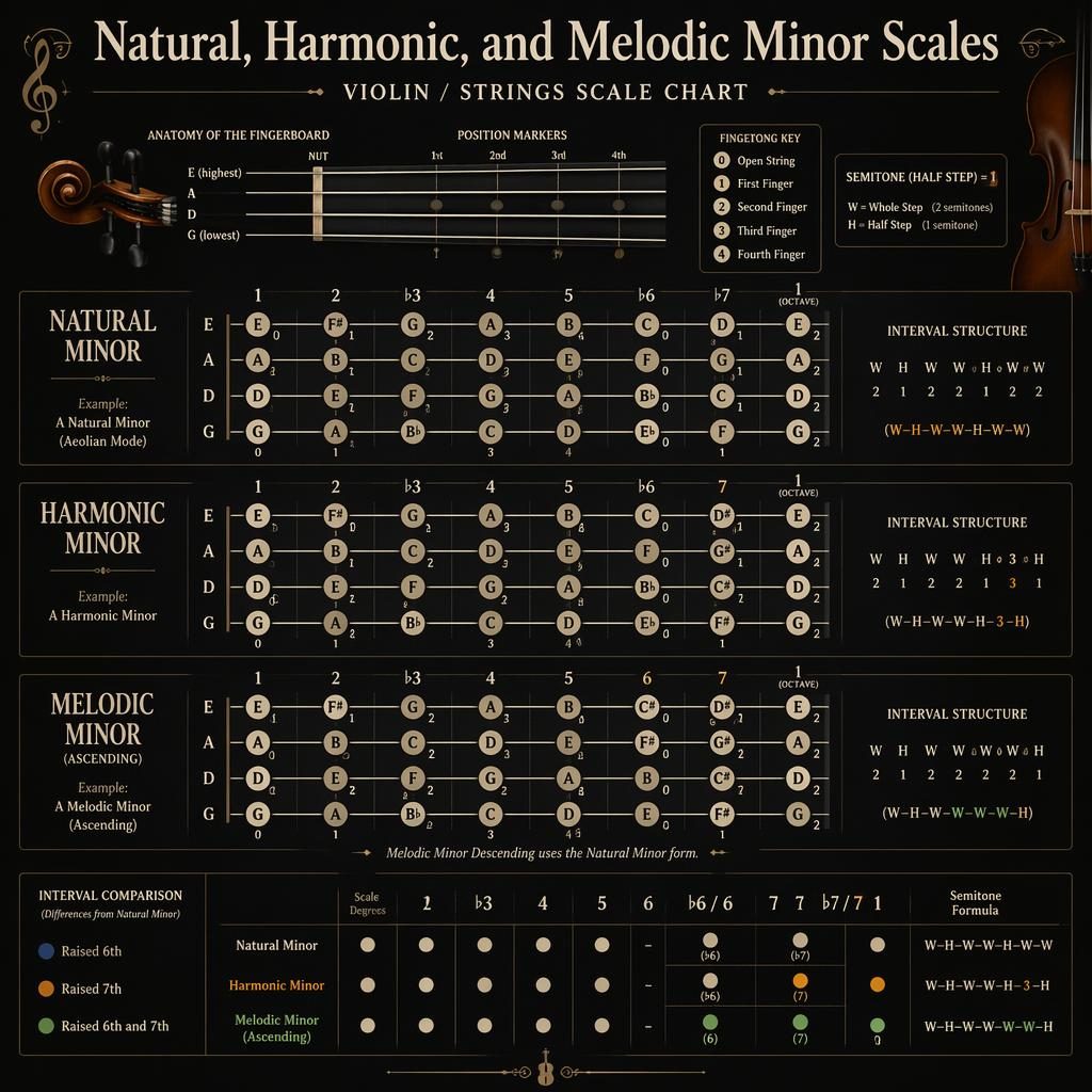 Dark-mode music theory infographic with three violin fingerboard diagrams for natural, harmonic, and melodic minor scales.