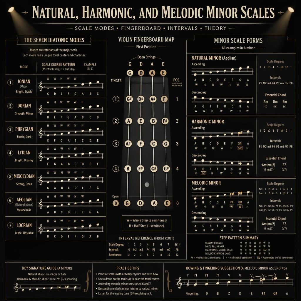 Dark-mode music theory infographic with violin fingerboard, staff notation, and natural, harmonic, melodic minor scales.