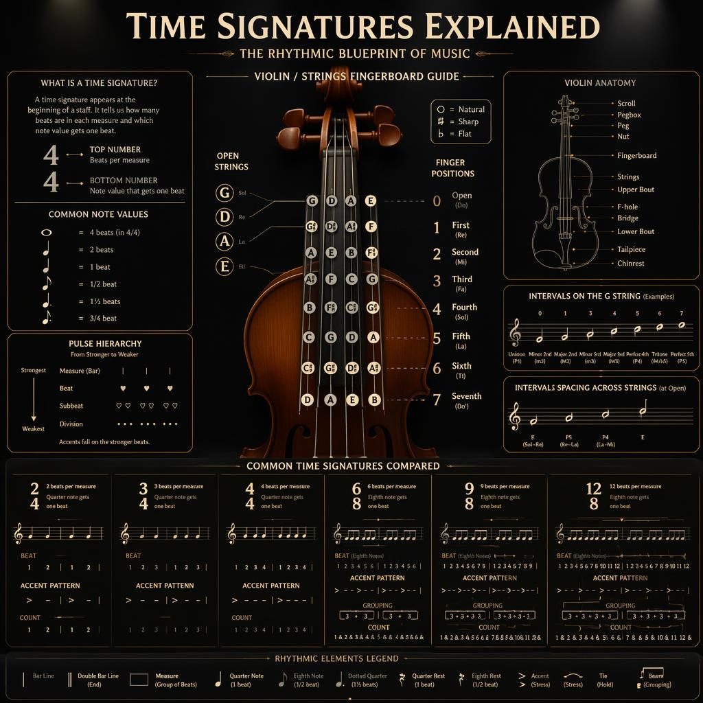 Dunkle Musiktheorie-Infografik mit präzisem Violingriffbrett, Saitendiagramm, Fingerpositionen und Taktarten 2/4 bis 12/8.