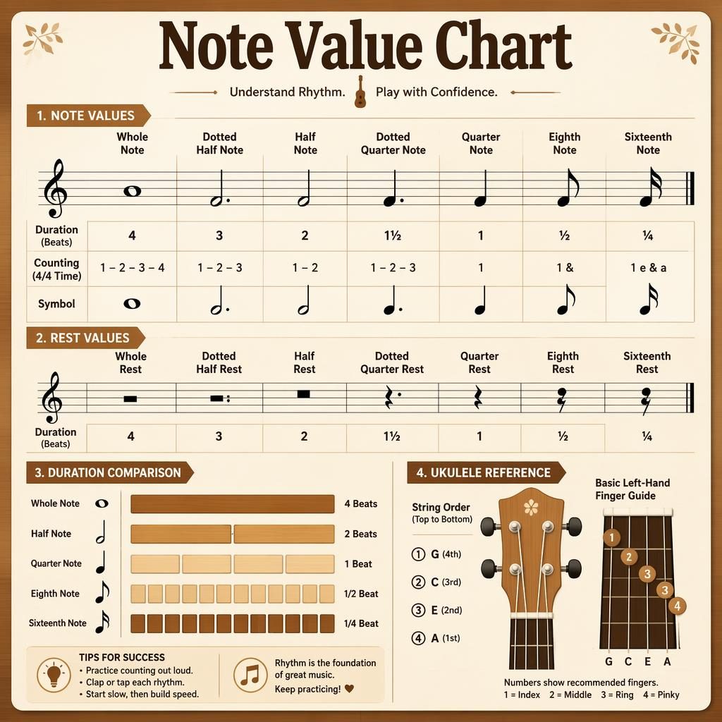 Minimal music theory note value chart with staff, treble clef, rests, dotted notes, and subtle ukulele accent.