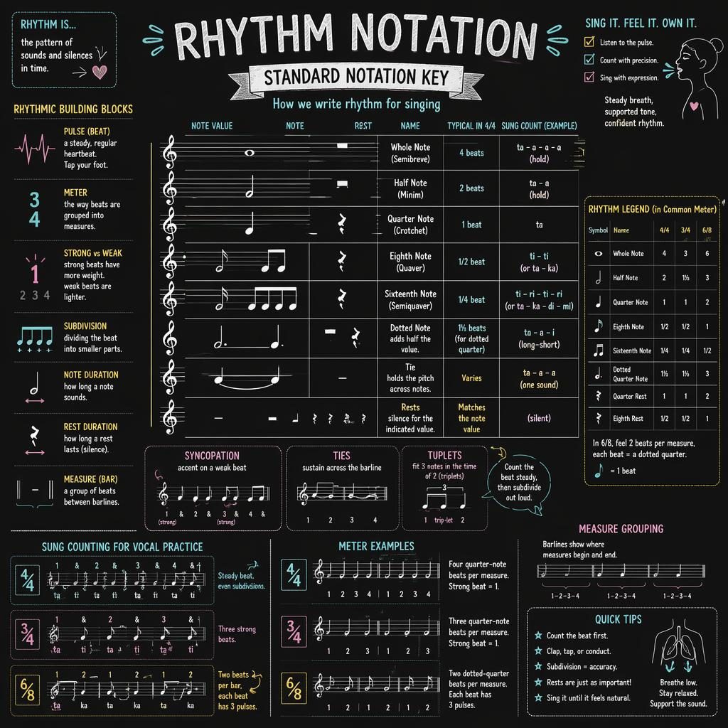 Dark-mode sketchnote music theory infographic with treble staff, rhythm notes, rests, tuplets, and vocal counting guides.