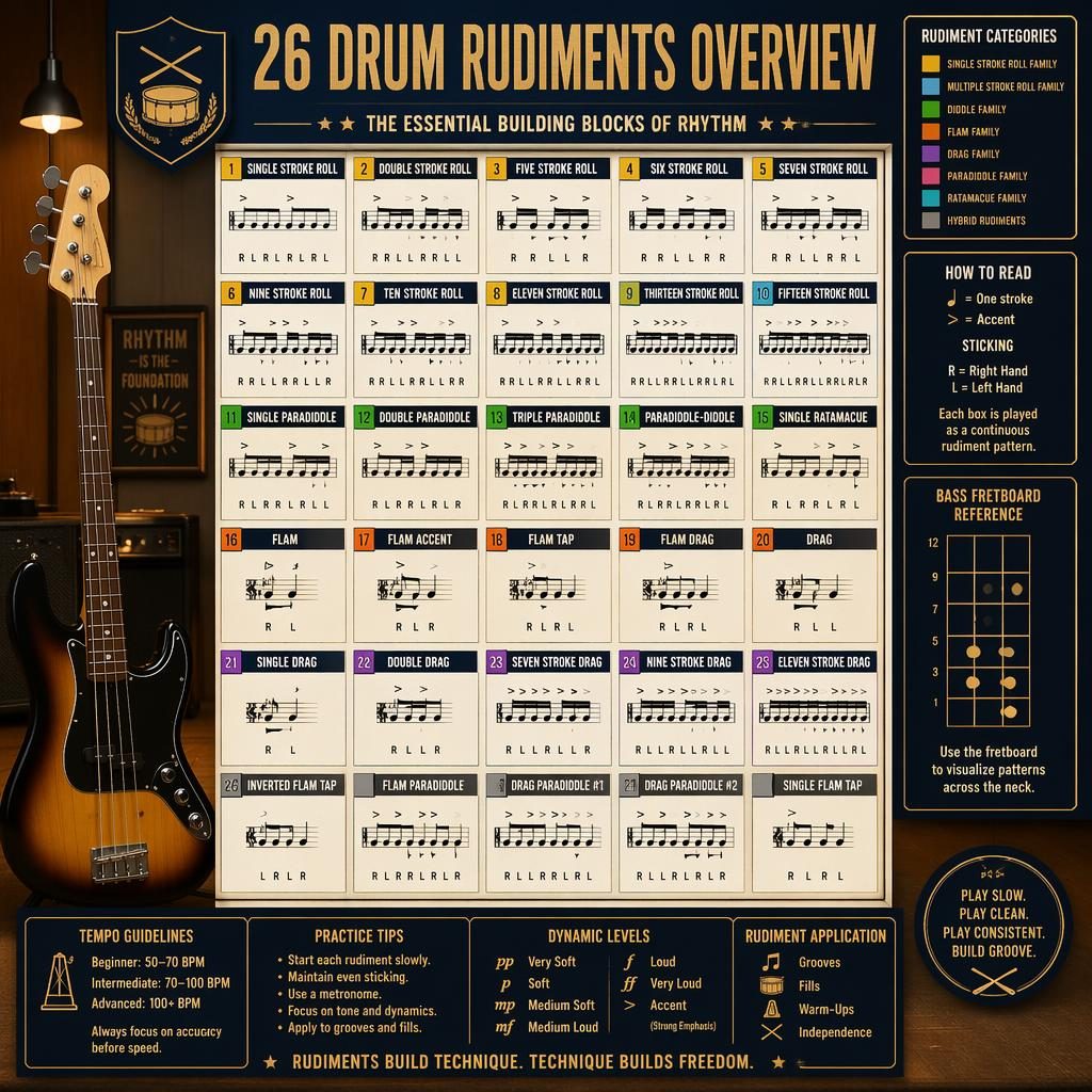 Music theory infographic of 26 drum rudiments with staff notation, sticking patterns, labels, and a bass guitar in studio.