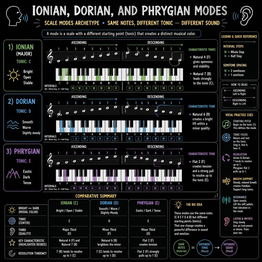 Dark sketchnote music theory infographic comparing Ionian, Dorian and Phrygian with staff notation, keyboards and intervals.