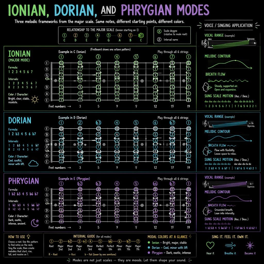 Dark-mode music theory infographic with three fretboard panels for Ionian, Dorian, and Phrygian modes and vocal cues.